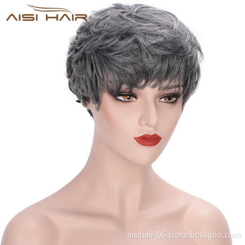 Aisi Hair Heat Resistant Fiber Straight Short Hair Bob Wigs with Neat Bangs Grey Mixed Black Short Bob Wigs for Women